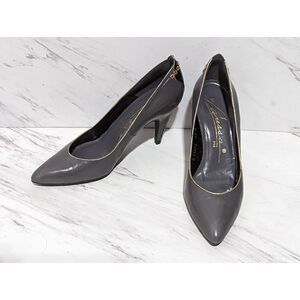 Caressa Women's Gray Leather Gold Chain Trim and Black 3"Heel Pump Size 6.5M